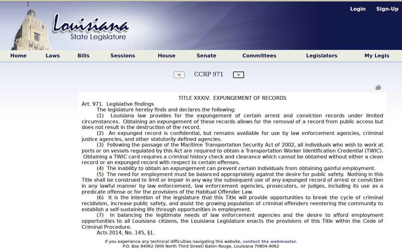 Concordia Parish Vidalia criminal history expungement effect law