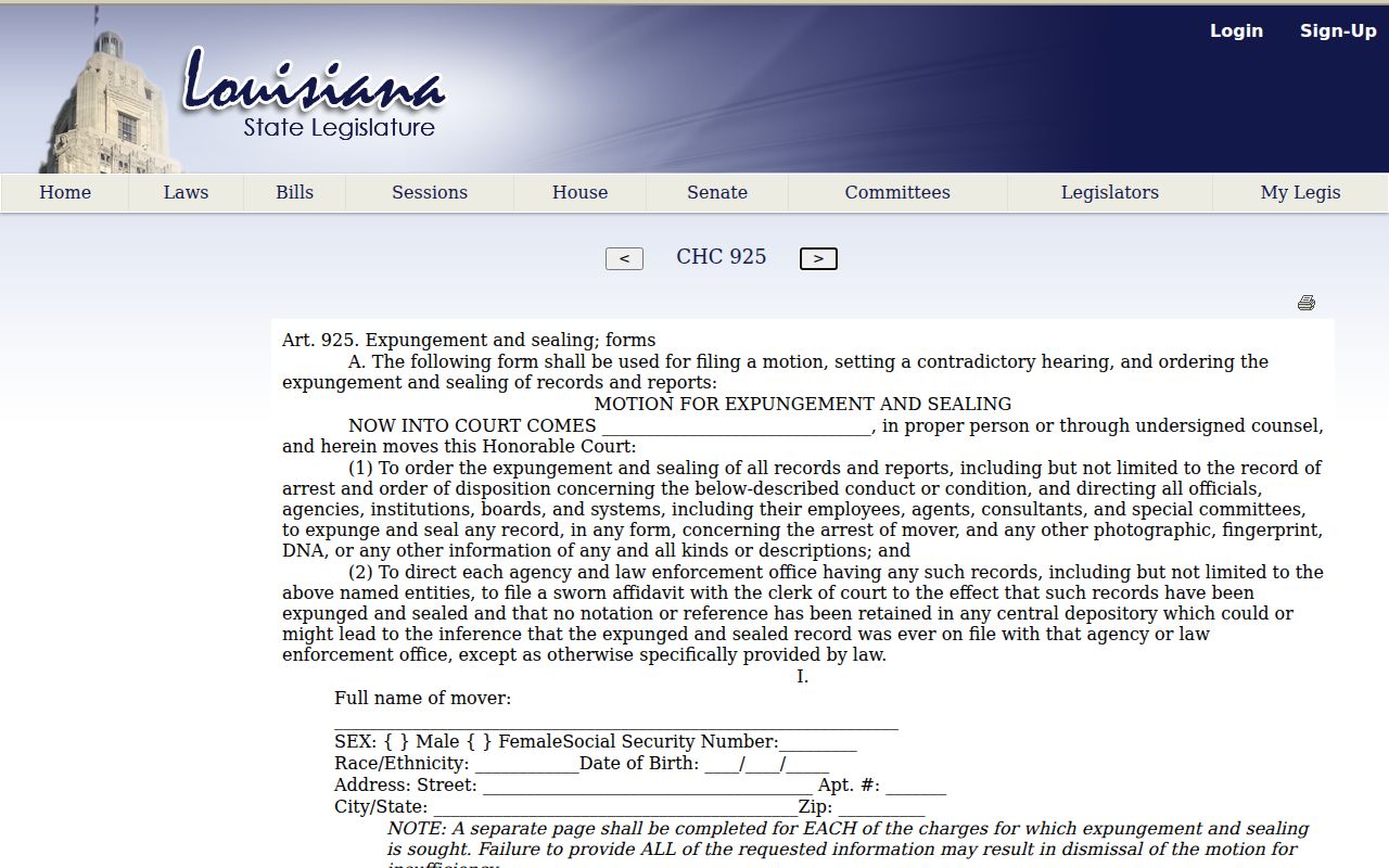 Concordia Parish Vidalia criminal records official expungement order